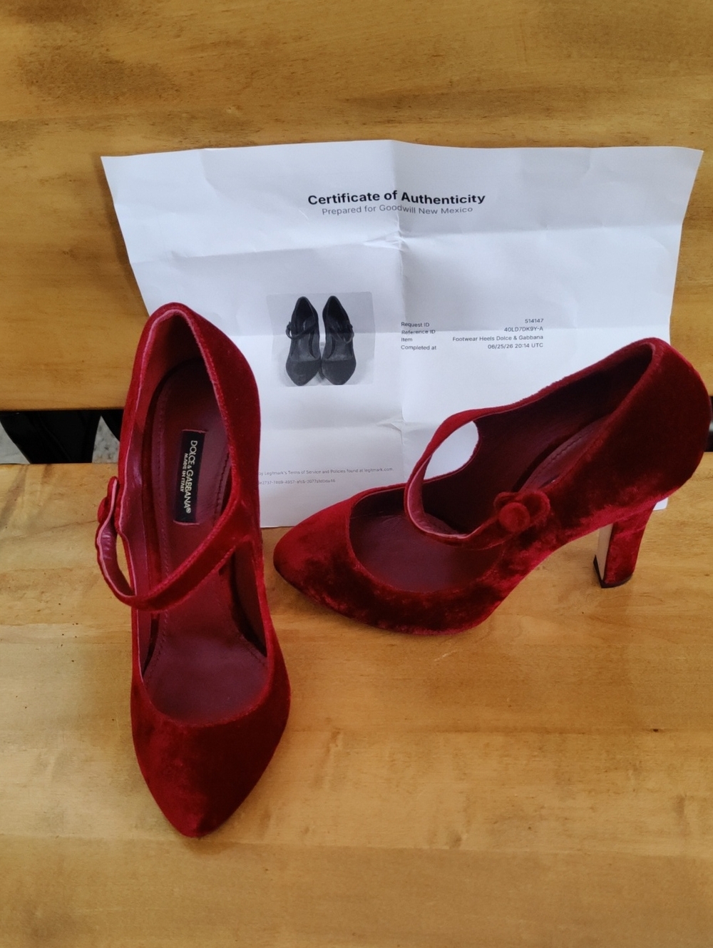 Dolce & Gabbana Red Velvet Mary Jane Pumps Size 37 CD0177 With COA
